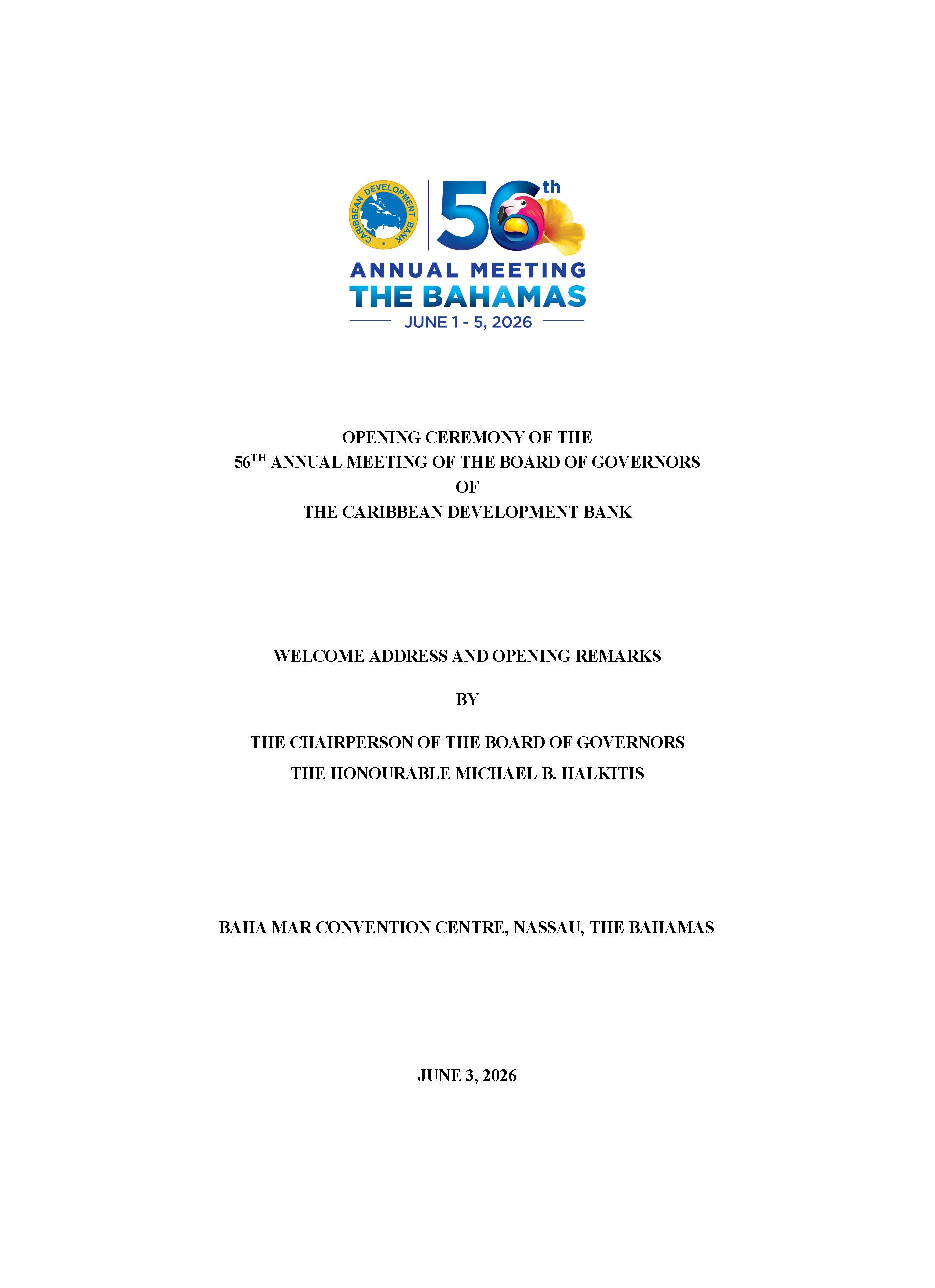 Cover page of welcome and opening remarks for the 56th Board of Governors Meeting