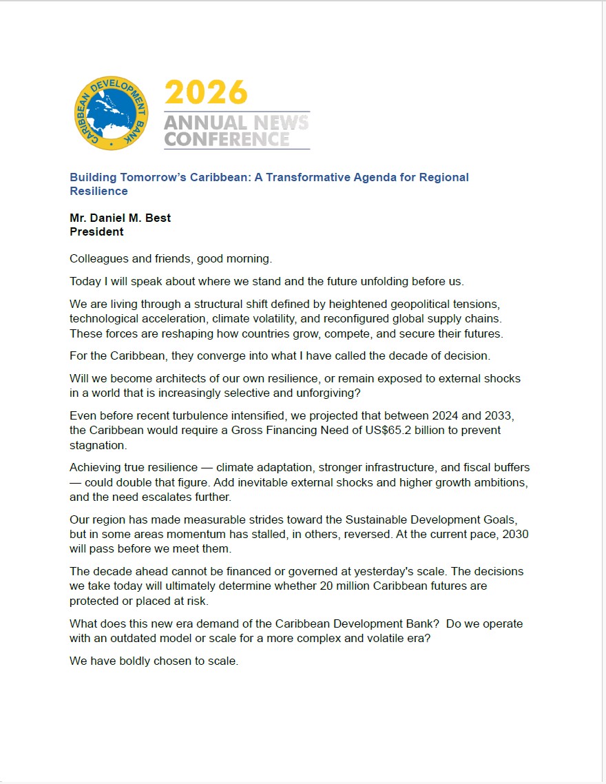 Cover page of 2026 Annual News Conference speech by Mr. Daniel M. Best on CDB's 10-year vision