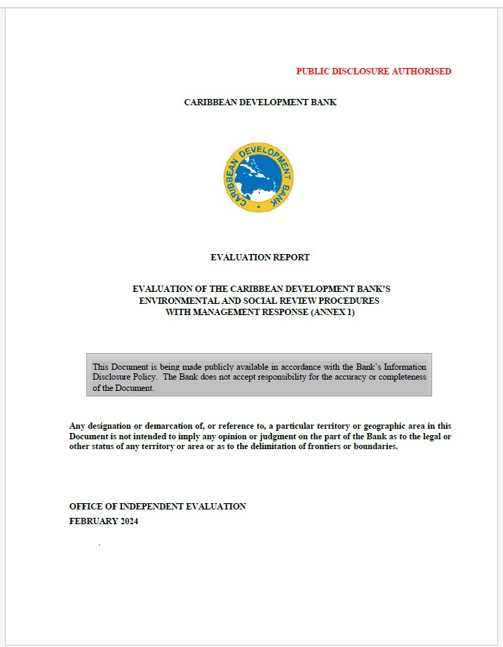 Report cover for ‘Evaluation of Environmental and Social Review Procedures 2014–2022’ by the Caribbean Development Bank’s Office of Independent Evaluation. The design features a green and white background with the CDB logo.