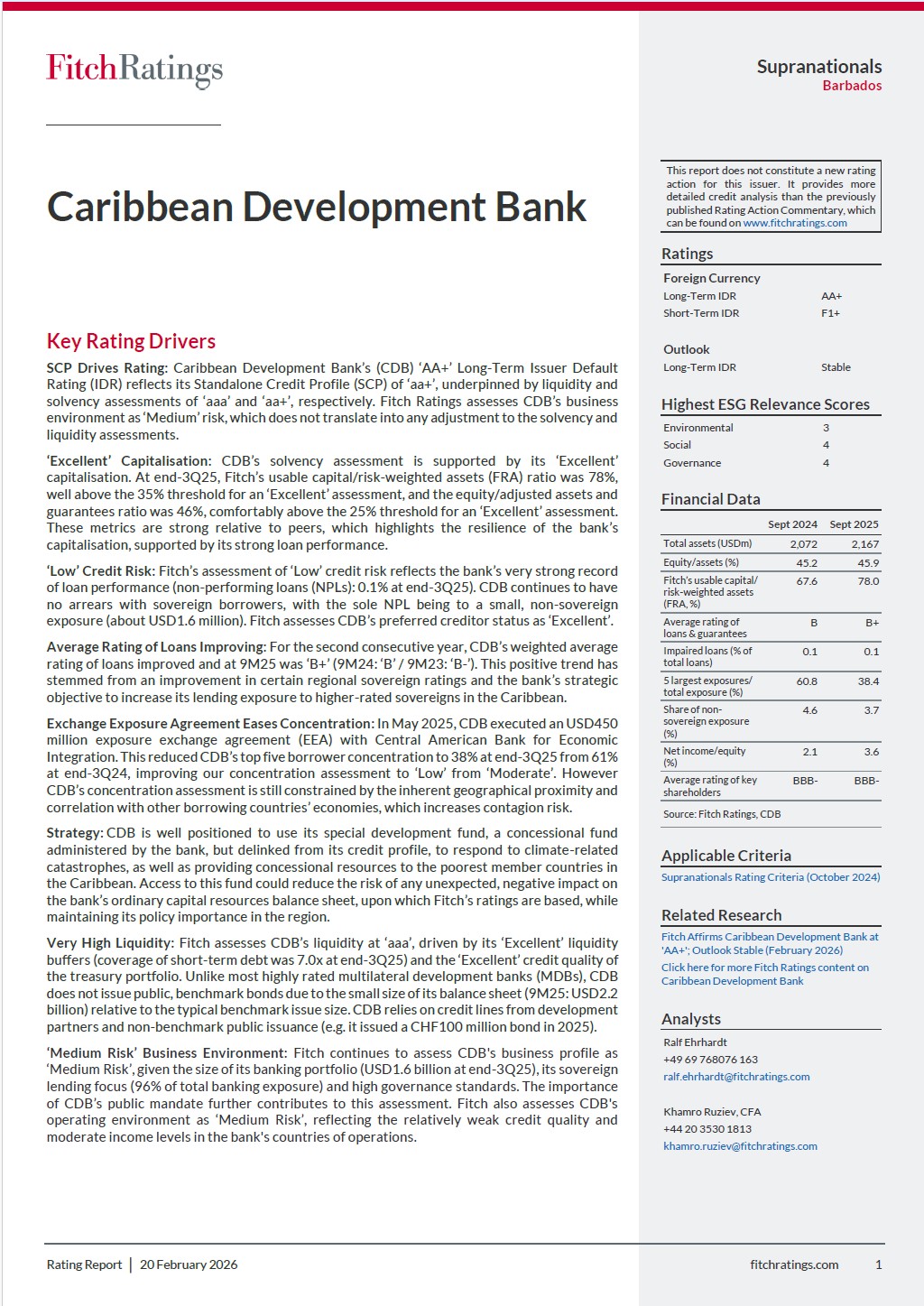 Cover of the Fitch Ratings ‘Caribbean Development Bank – Rating Report, 20 February 2026’, featuring the Fitch Ratings branding and title indicating the bank’s AA+ credit rating analysis.