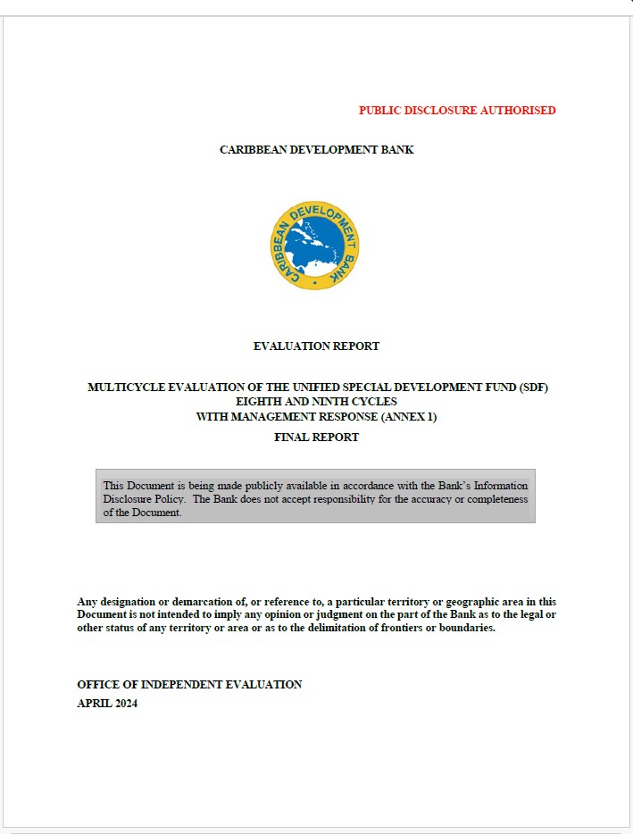 Report cover for ‘Multicycle Evaluation of the Unified Special Development Fund – Eighth and Ninth Cycles’ by the Caribbean Development Bank’s Office of Independent Evaluation. The design features a white background with the CDB logo in the center