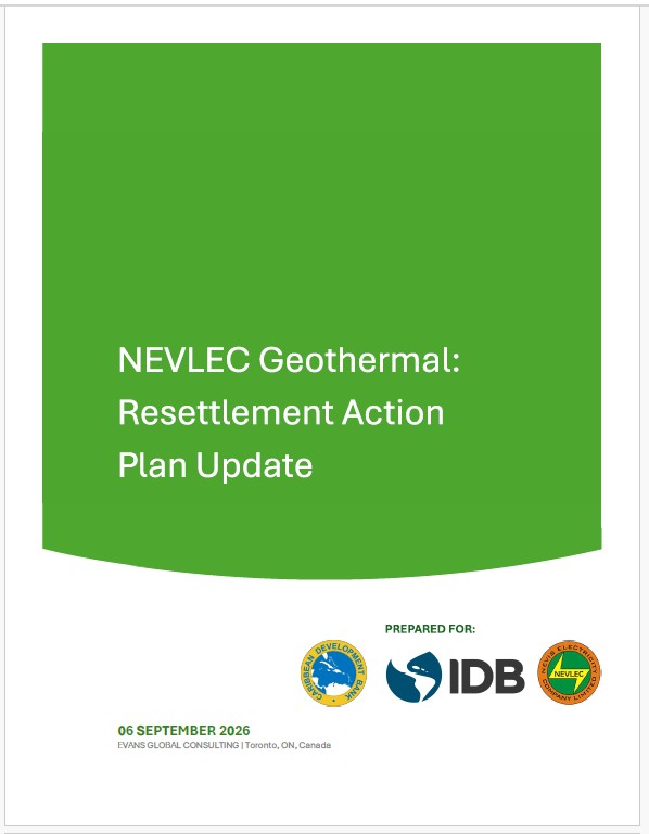 NEVLEC Geothermal Resettlement Action Plan Update cover report prepared for the Caribbean Development Bank, Inter-American Development Bank, and Nevis Electricity Company, supporting geothermal energy development in Nevis.