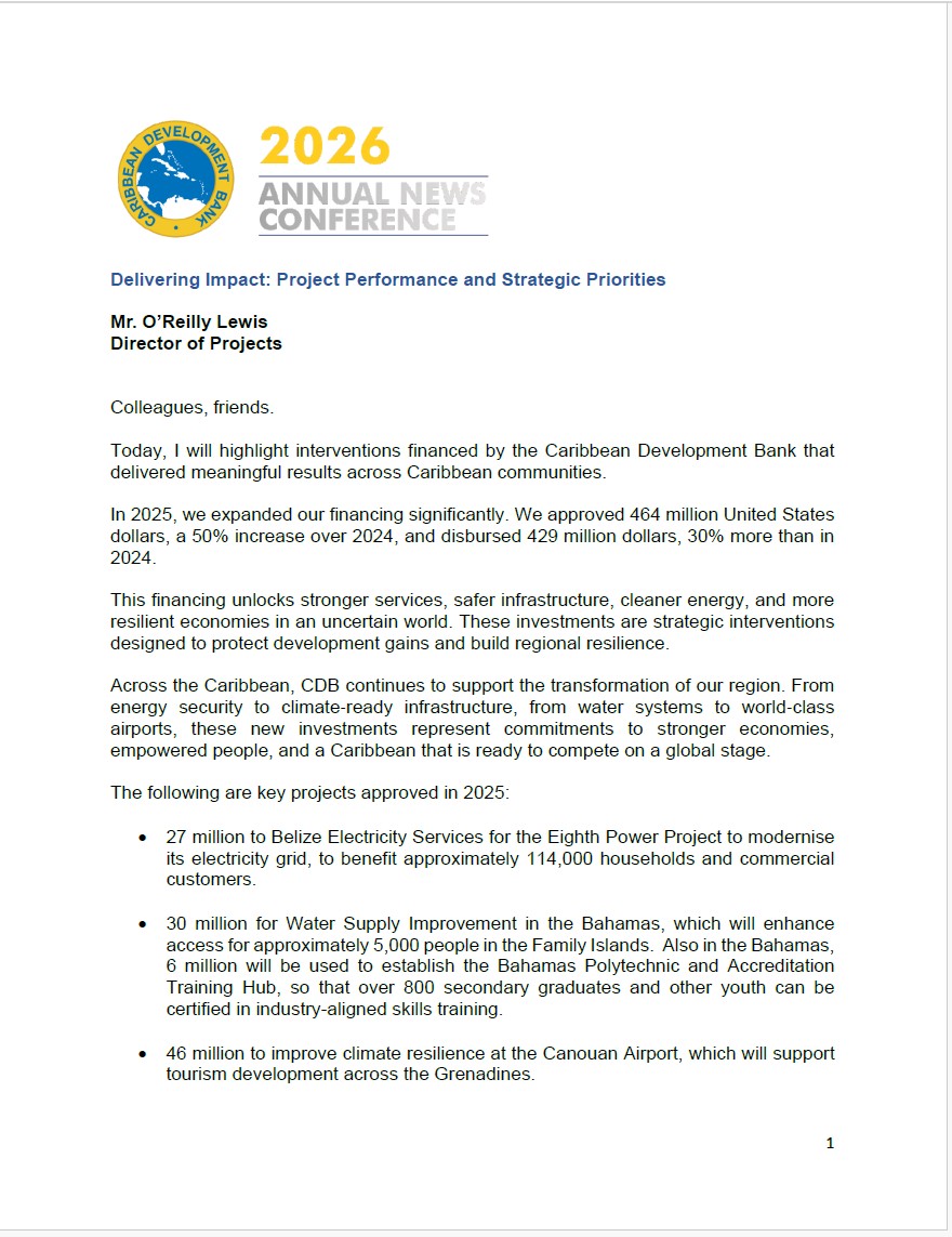 Cover page of 2026 Annual News Conference speech by Mr. O’Reilly Lewis on CDB 2025 performance and 2026 projects.