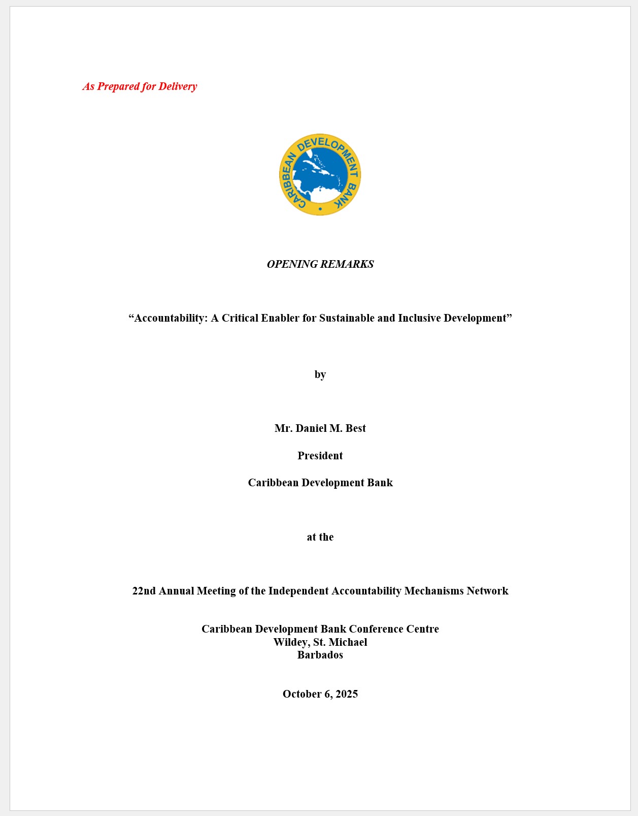 Cover page of opening remarks by CDB President Daniel M. Best for the 22nd iAMNet