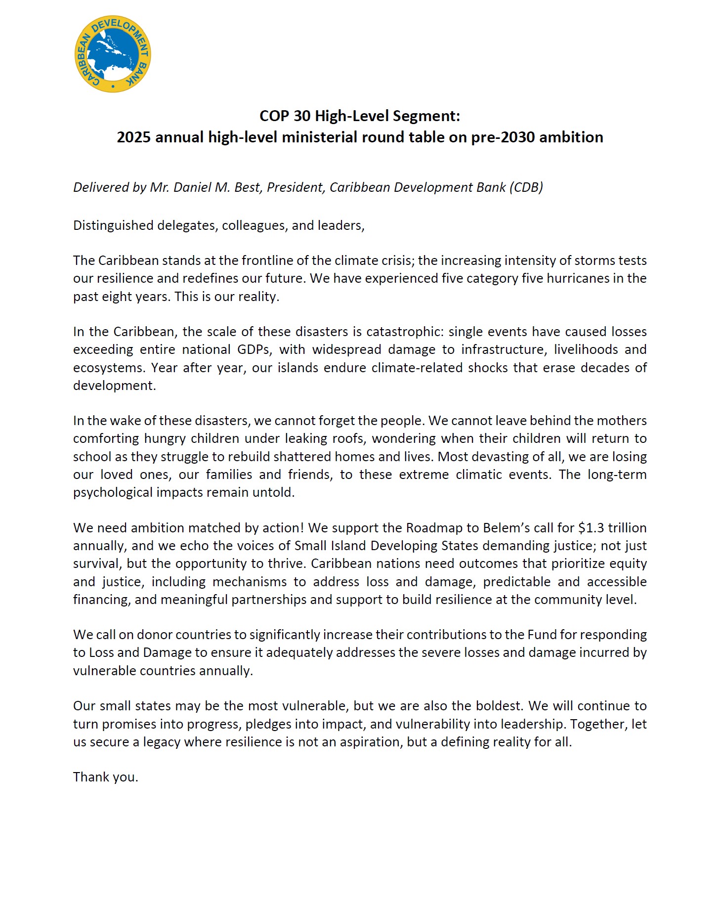 Statement document titled ‘COP 30 High-Level Segment: 2025 annual high-level ministerial round table on pre-2030 ambition,’ delivered by Daniel M. Best, President of the Caribbean Development Bank, featuring the CDB logo and text addressing climate impacts, loss and damage, and calls for increased global support for vulnerable Caribbean nations.