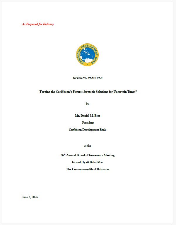 Cover page of opening remarks titled ‘Forging the Caribbean’s Future,’ featuring the Caribbean Development Bank logo and event details for the 56th Board of Governors Meeting