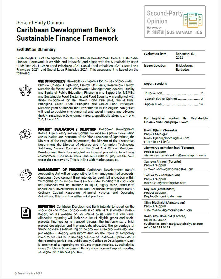 Cover page of the Caribbean Development Bank’s Sustainable Finance Framework Second-Party Opinion by Sustainalytics, summarizing evaluation categories such as use of proceeds, project evaluation, management of proceeds, and reporting.