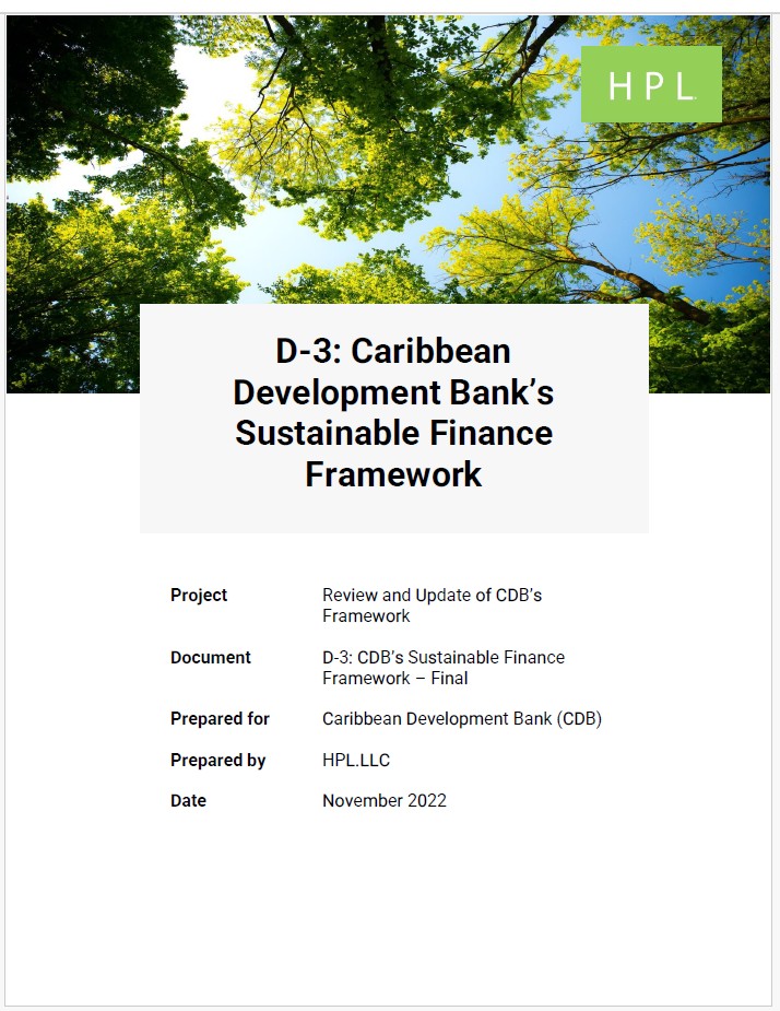 Cover page of the Caribbean Development Bank’s Sustainable Finance Framework report, prepared by HPL.LLC in November 2022, featuring a view of green tree canopies against a blue sky