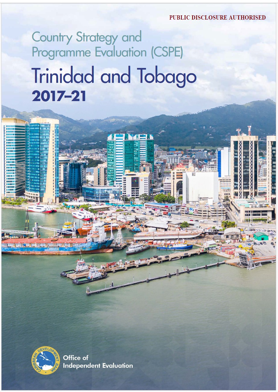 Cover image of the Trinidad and Tobago Country Strategy and Programme Evaluation (CSPE) 2017–21, featuring a cityscape view of Port of Spain with buildings, ships, and mountains, and the Caribbean Development Bank logo from the Office of Independent Evaluation.