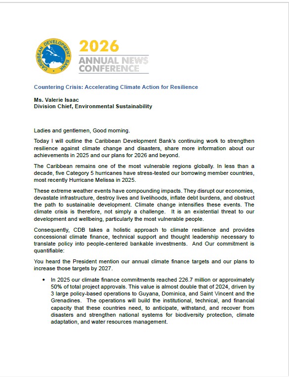 Cover page of 2026 Annual News Conference speech by Ms. Valerie Isaac on CDB's work to strengthen resilience against climate change and disasters.