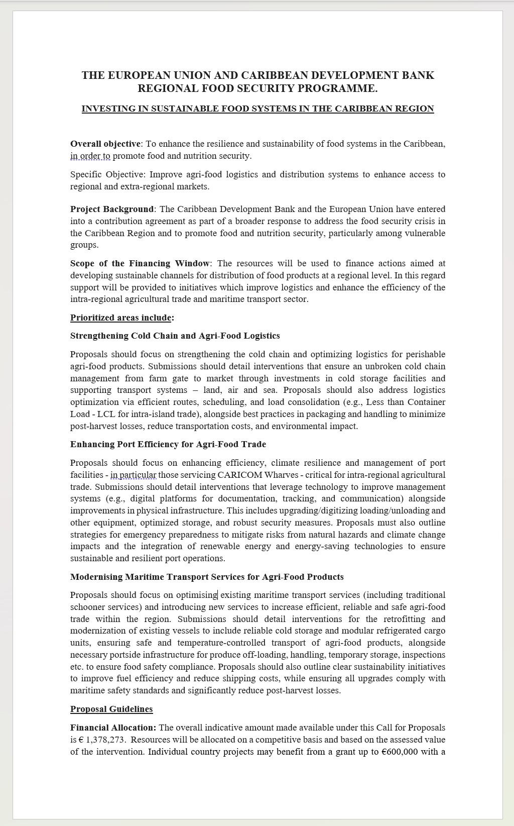 Document outlining the Call for Proposals- Window 3 of the EU-CDB Regional Food Security Programme, focusing on sustainable Caribbean food systems, logistics, port efficiency, and maritime transport improvements