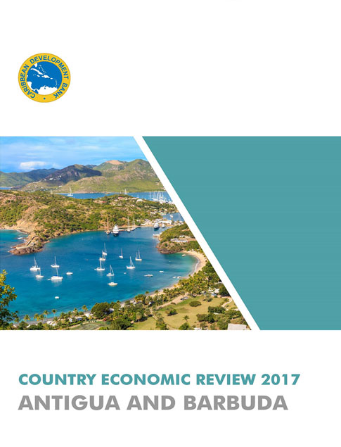 Country Economic Review 2017 - Antigua and Barbuda title with overhead view of shoreline