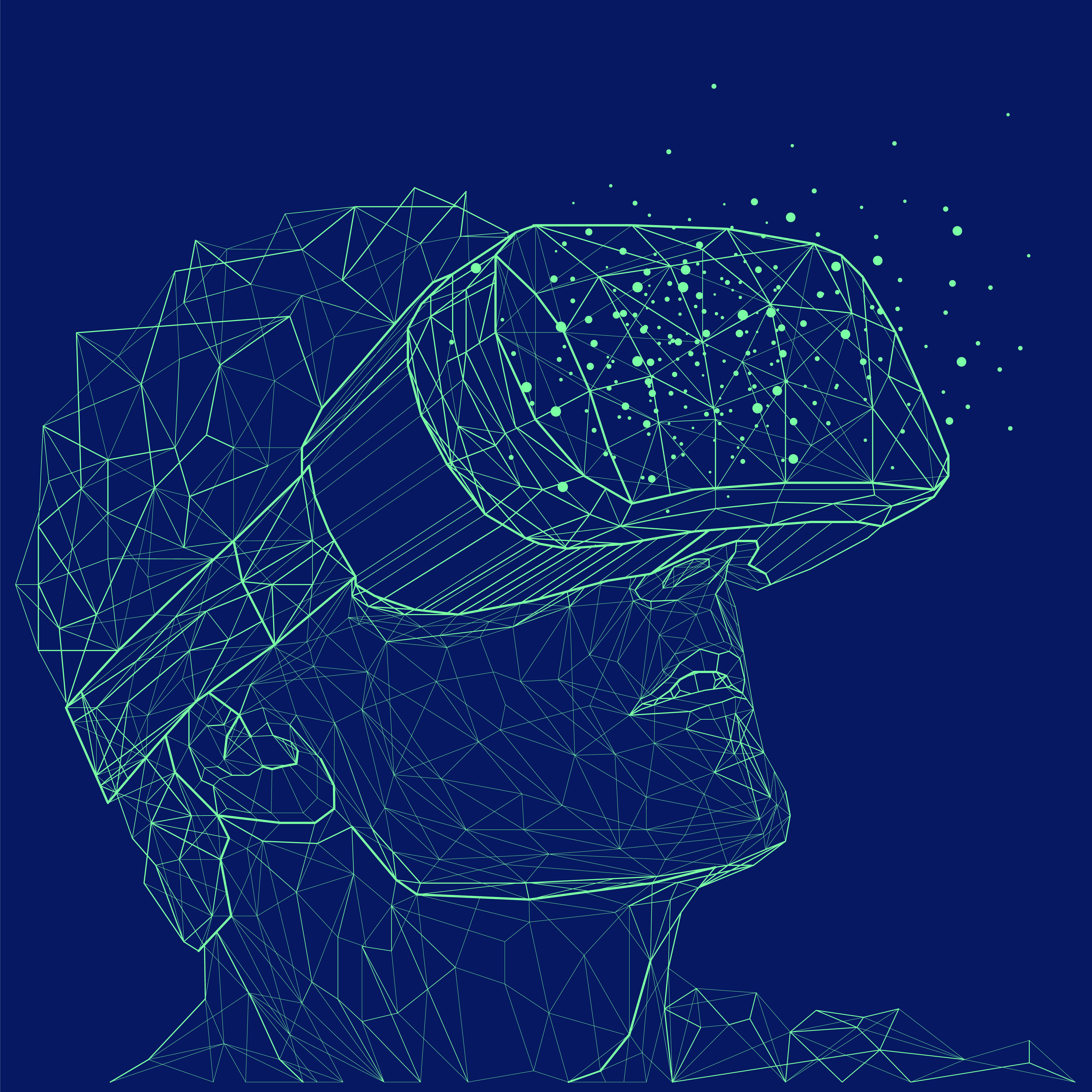 Illustration of person using VR goggles with teal dots against a blue background