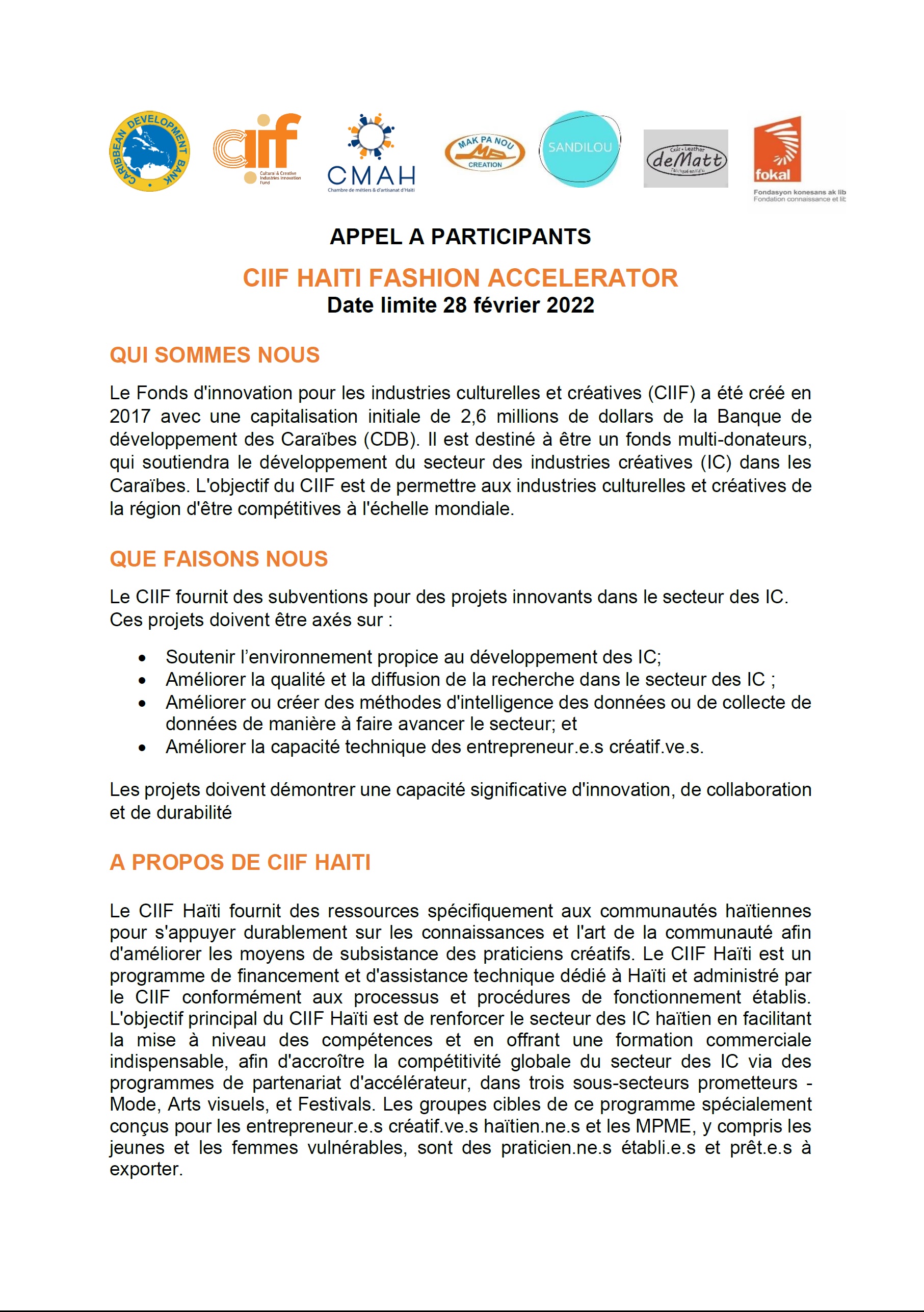 screenshot of first page of fashion accelerator call document