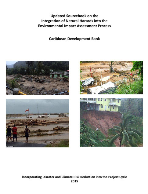 Updated Sourcebook- Integration of Natural Hazards into the EIA Process title with four images of the aftermath of natural hazards