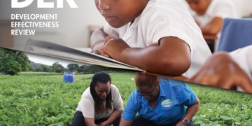 A girl reads at a desk in school; two women work in the field; two fishermen sit in boats