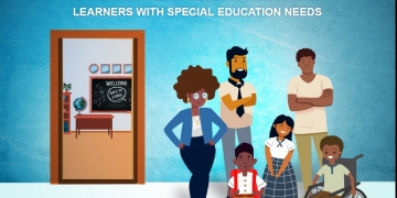 Blue background with illustration of students and teachers