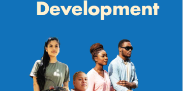 Front panel CDB Disability Policy Brief Brochure two male and one female differently abled persons against a blue background