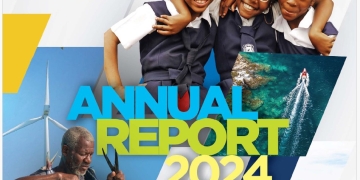 The cover of the Caribbean Development Bank's 2024 Annual Report. It features a collage of images, including three smiling schoolchildren in uniform, a fisherman holding freshly caught tuna, a young woman working on a tablet in a greenhouse, a vibrant coastal scene with a speeding boat, and a cargo ship loaded with colorful containers. The CDB logo is prominently displayed in the top left corner, with the title "Annual Report 2024" in bold blue and yellow text across the center.