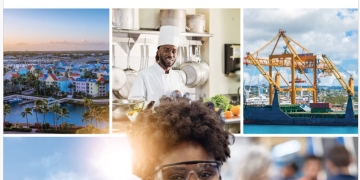 Cover of the 'Caribbean Economic Review and Outlook 2024-2025' report by the Caribbean Development Bank. Features the CDB logo at the top, bold text for the report title, and a collage of images including a scenic Caribbean coastal town, a chef in a professional kitchen, a cargo crane at a port, solar panels, and a smiling woman wearing safety goggles and headphones with industrial workers in the background.
