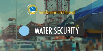 screen capture of video slide with city of Georgetown, Guyana as backdrop with the words Water Security highlighted