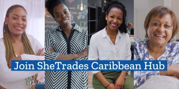 collage of business women smiling looking into the camera, overlayed with the words, 'Join SheTrades Caribbean Hub'