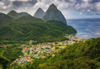 Landscape shot of the Pitons and surrounding communities