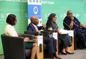 President of CDB, Dr Hyginus Leon with on the panel discussing green trade on September 15, 2023, in Geneva, Switzerland. 