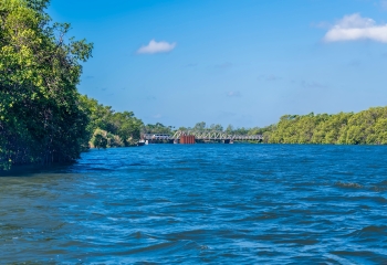 View of a river with a bridge in the background 