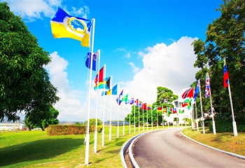 Caribbean flags hoisted along a road leading up to the CDB headquarters