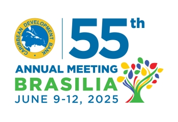 The image features a minimalist design with a white background. On the right, the Caribbean Development Bank logo is displayed alongside text that reads "55th Annual Meeting Brasília, June 9-12, 2025." A colorful tree graphic symbolizes growth and inclusivity.
