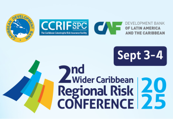 Promotional graphic for the 2nd Wider Caribbean Regional Risk Conference, scheduled for September 3–4, 2025. The image features the logos of the Caribbean Development Bank (CDB), CCRIF SPC (The Caribbean Catastrophe Risk Insurance Facility), and CAF – Development Bank of Latin America and the Caribbean. The conference year "2025" is prominently displayed in bold blue text on the right, and colourful wave-like shapes appear to the left of the conference title. The background is light blue.
