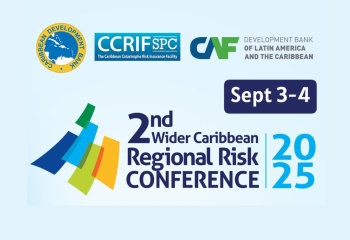 Promotional graphic for the 2nd Wider Caribbean Regional Risk Conference, scheduled for September 3–4, 2025. The image features the logos of the Caribbean Development Bank (CDB), CCRIF SPC (The Caribbean Catastrophe Risk Insurance Facility), and CAF – Development Bank of Latin America and the Caribbean. The conference year "2025" is prominently displayed in bold blue text on the right, and colourful wave-like shapes appear to the left of the conference title. The background is light blue.