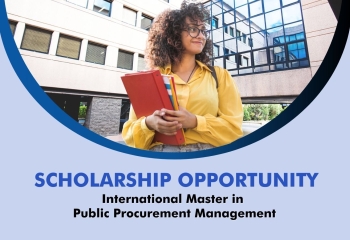 Young woman in a yellow blouse holding books and smiling outside University of Rome Tor Vergata building, with text reading: Scholarship Opportunity – International Master in Public Procurement Management