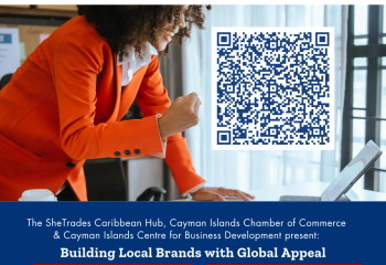A graphic with a smiling black woman in an orange jacket leaning over a desk looking at a laptop and smiling with a clenched fist and a QR code overlay