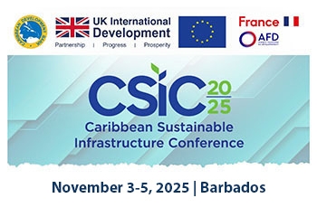 Logos of CDB, UK International Development, European Union, and AFD above the CSIC 2025 Caribbean Sustainable Infrastructure Conference logo.