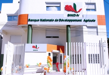 Exterior shot of a white and orange building with the sign Banque Nationale de Developpment Agricole