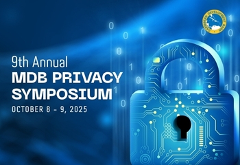 Digital design with padlock and over layered blue background of bits and bytes with words MDB Privacy Symposium 