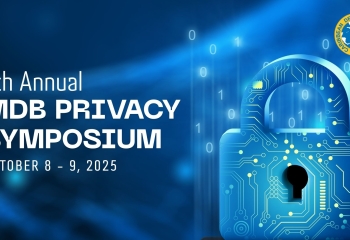 Digital design  with padlock and over layered blue background of  bits and bytes with words MDB Privacy Symposium 