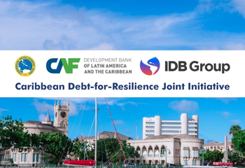 Logos of CDB, CAF, and IDB Group above text reading ‘Caribbean Debt-for-Resilience Joint Initiative,’ with a waterfront view of Bridgetown, Barbados, in the background.