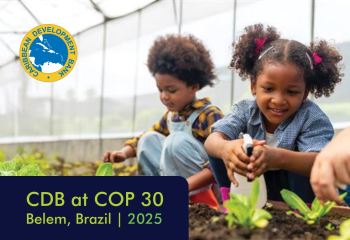 Children planting green seedlings in soil inside a greenhouse, with Caribbean Development Bank logo and text reading ‘CDB at COP 30, Belem, Brazil | 2025.