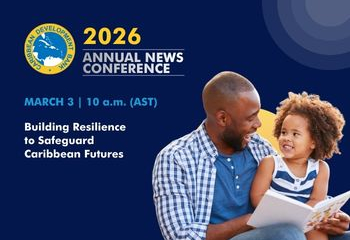 Promotional graphic for the Caribbean Development Bank’s 2026 Annual News Conference on March 3, featuring an adult and child reading together.