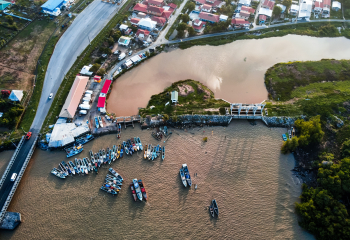 Aerial view of coastal fishing community in Guyana
