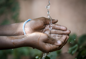 A person holds their hands up to catch water flowing from a pipe.
