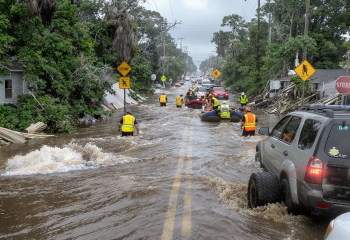 Rescue workers wading through floodwater on a submerged residential street, assisting vehicles and people as cars and boats navigate the flooded road