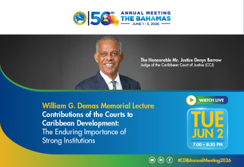 William G. Demas Memorial Lecture graphic featuring a speaker portrait and event details for June 2, 7:00–8:30 PM, on the role of courts in Caribbean development.