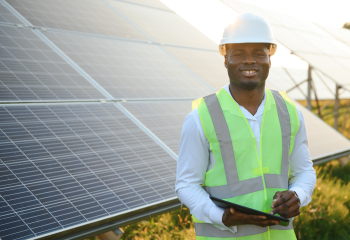 Black male engineer standing in front of solar panels