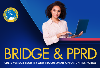 Promotional graphic for CDB's BRIDGE & PPRD Vendor Registry and Procurement Opportunities Portal featuring a professional using a laptop alongside the Caribbean Development Bank logo.
