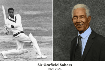 Blended image of Sir Garfield Sobers as a young batsman on the field in play and an elderly statesman with text graphic