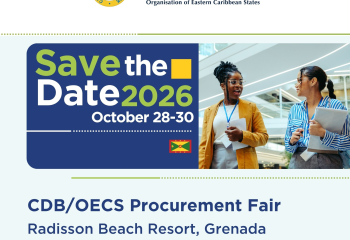 Save-the-date announcement for the CDB/OECS Procurement Fair 2026, a hybrid event at Radisson Beach Resort, Grenada, bringing together procurement professionals, businesses, and development partners from across the Caribbean.